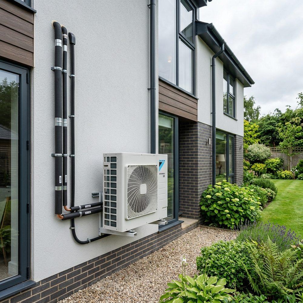 Daikin outdoor unit wall-mounted on a rendered house in Surrey, with insulated pipework running up the wall