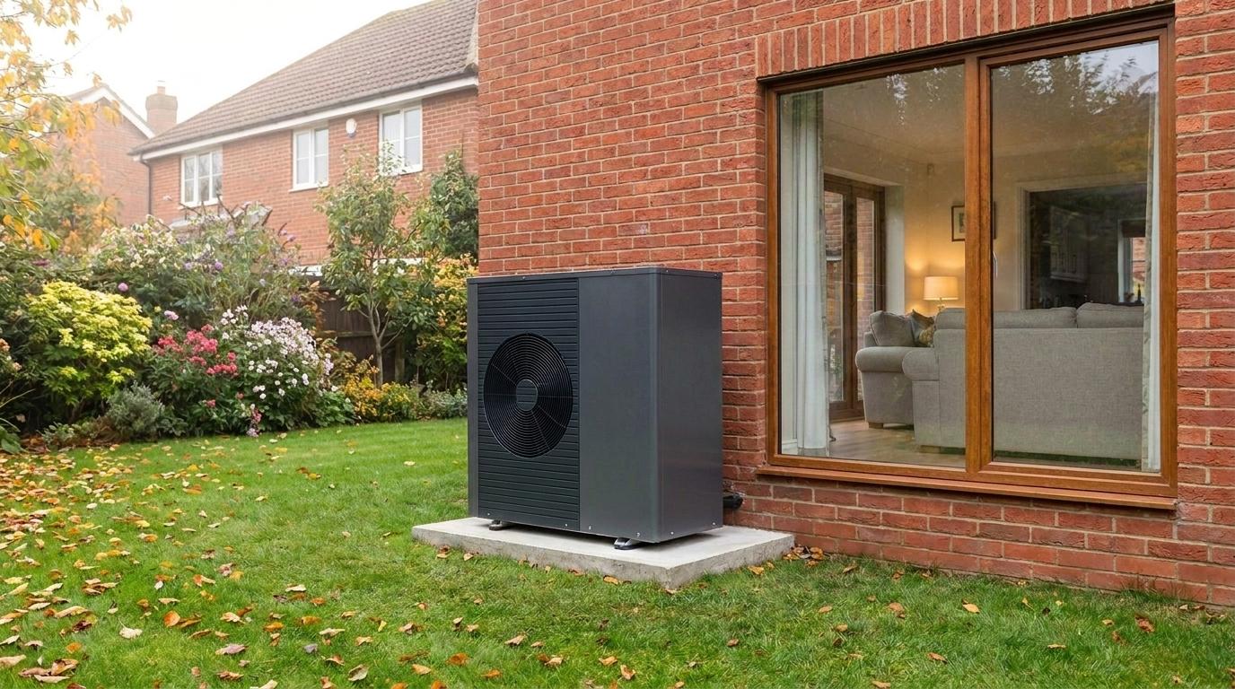 Heat pump outdoor unit on a concrete base in the back garden of a red-brick house