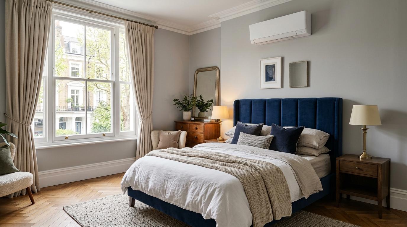 Wall-mounted air conditioning unit above the bed in a bright period bedroom with sash windows