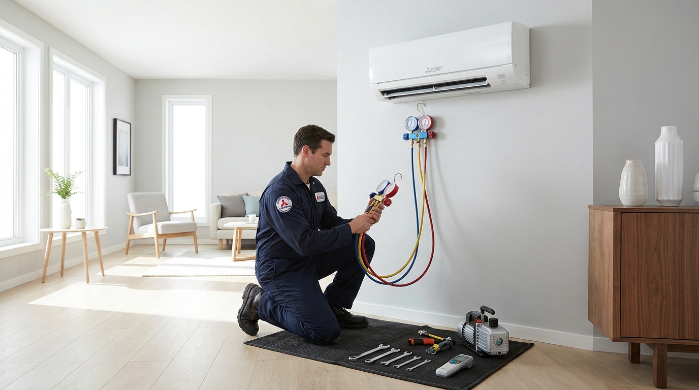 Engineer commissioning a new wall-mounted air conditioning unit in a modern living room