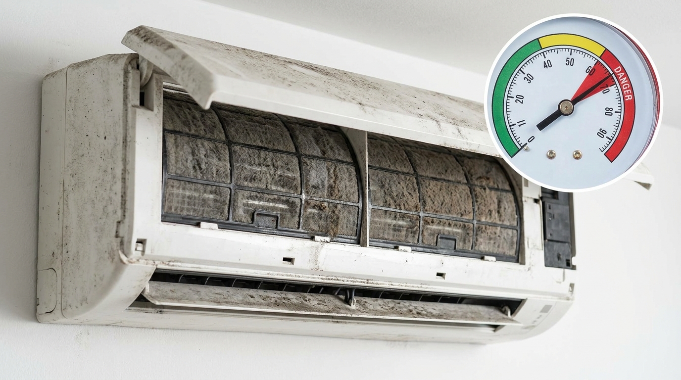 Heavily clogged air conditioning filters with a pressure gauge showing danger zone
