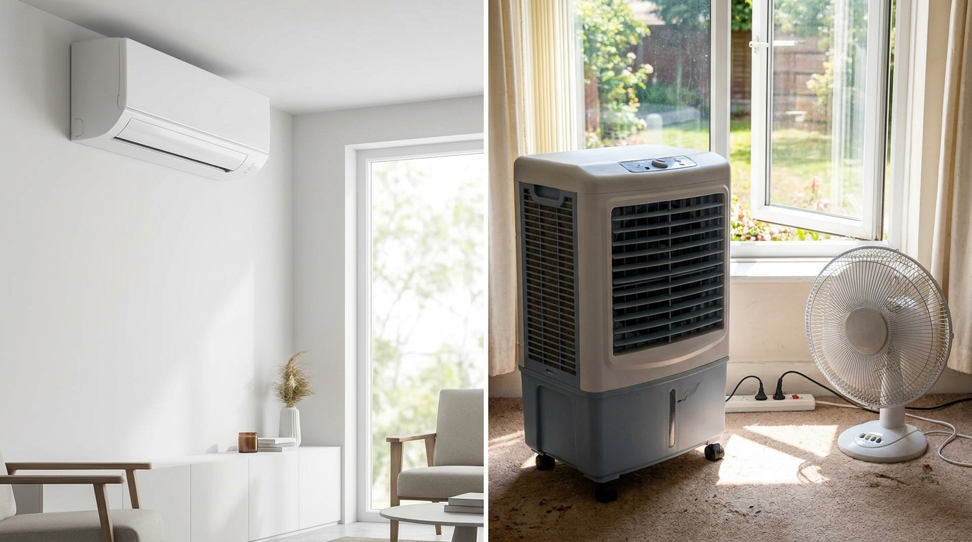 Wall-mounted split AC unit versus a portable evaporative cooler and desk fan