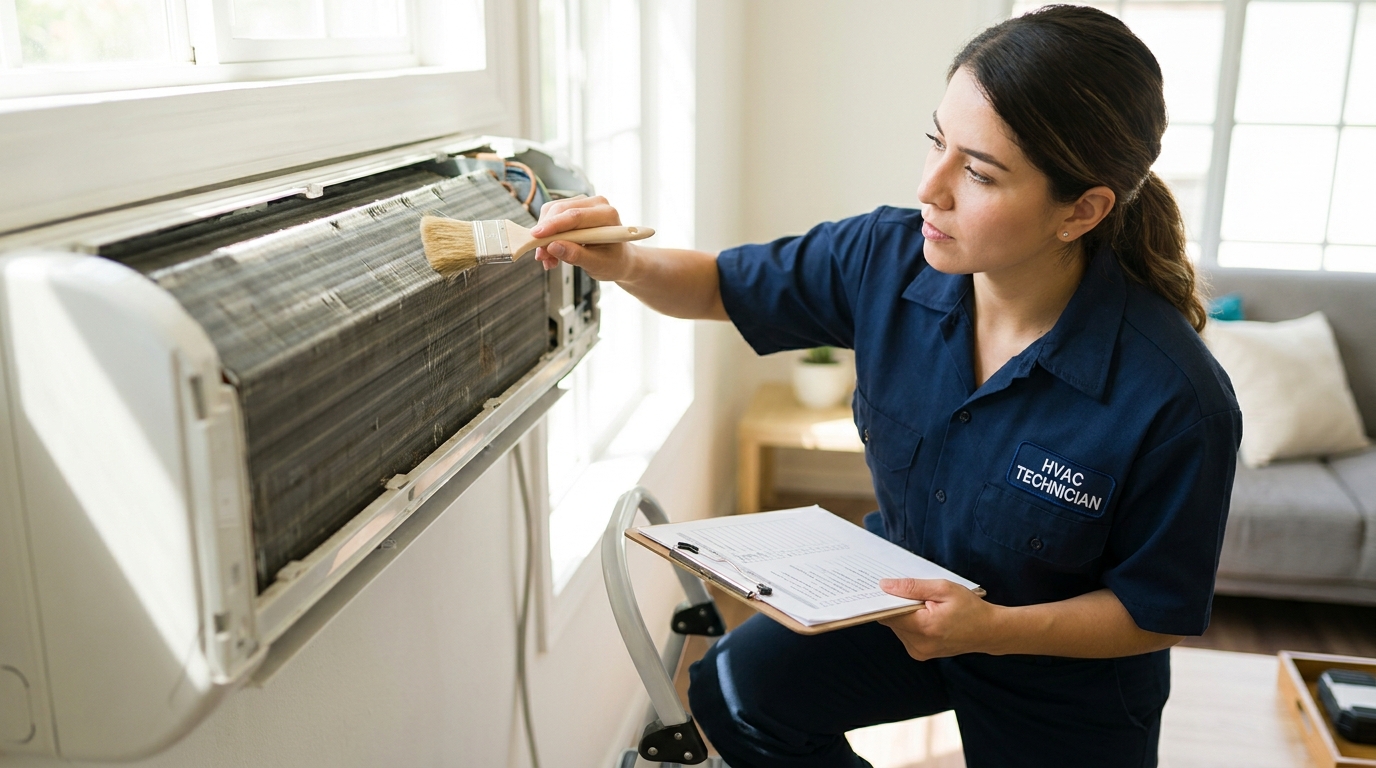 HVAC technician cleaning the indoor coil of a wall-mounted air conditioning unit