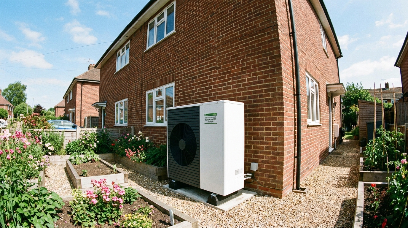 Air source heat pump installed beside a UK semi-detached house