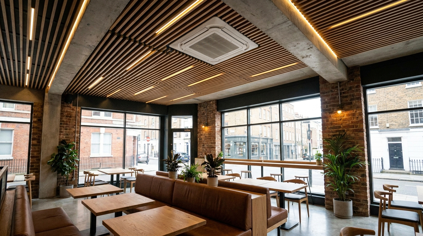 Ceiling cassette air conditioning unit in a modern London restaurant interior