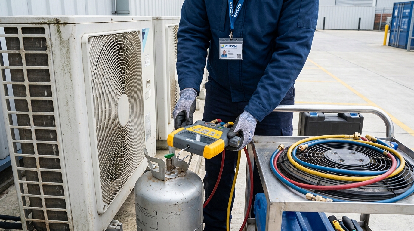 F-Gas certified engineer with REFCOM badge working on outdoor AC condenser unit