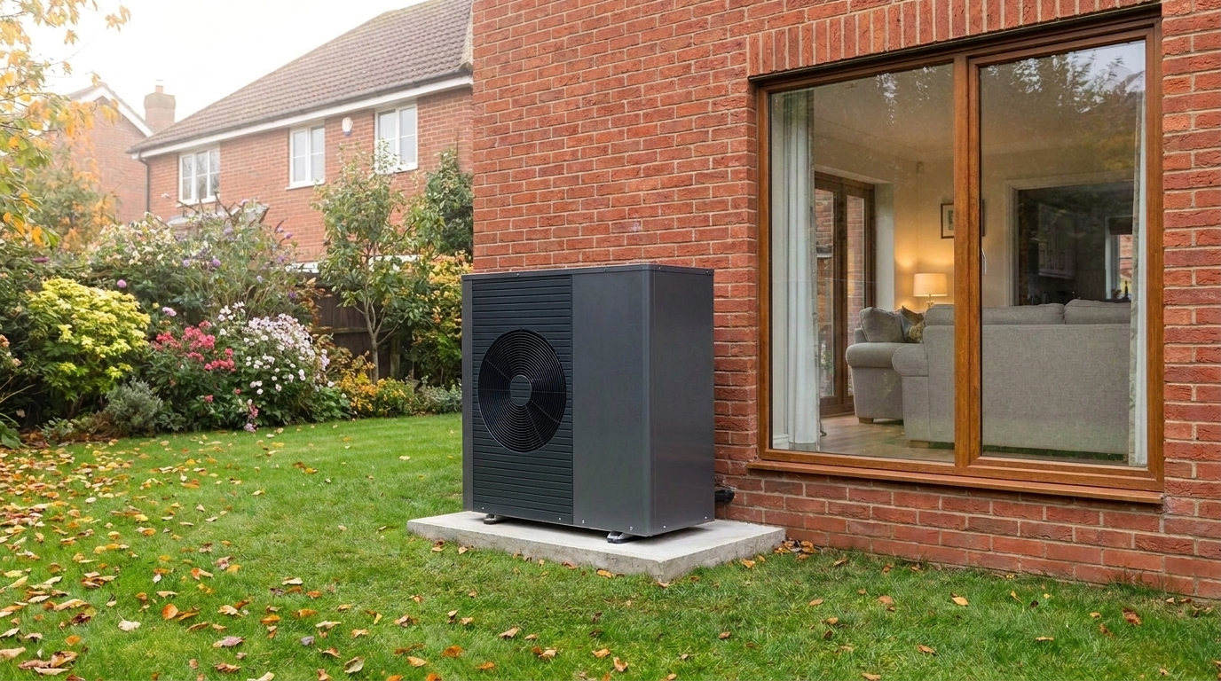 Air source heat pump installed in the garden of a UK detached home in autumn