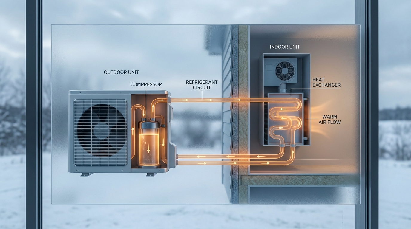 Cutaway diagram showing refrigerant circuit flowing through a heat pump system