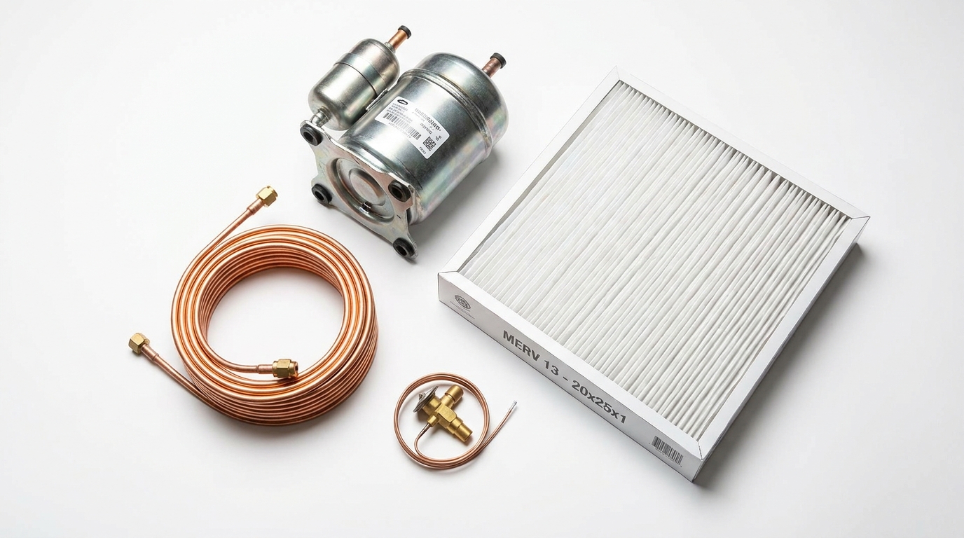 HVAC components flat-lay including compressor, copper tubing, expansion valve and filter