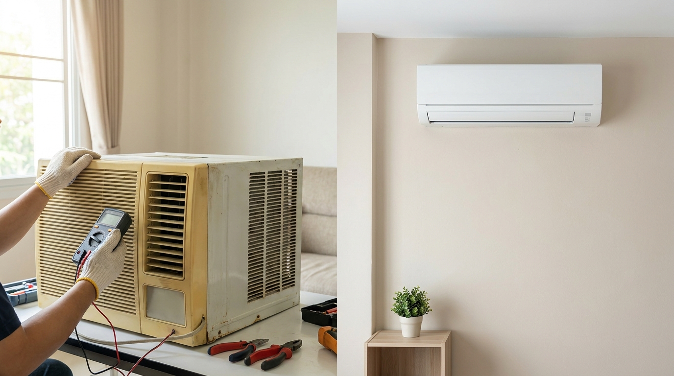 Side-by-side comparison of an old worn AC unit being repaired versus a new installed unit