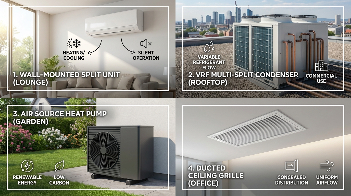 Four-panel comparison of HVAC system types including split AC, VRF, heat pump and ducted system